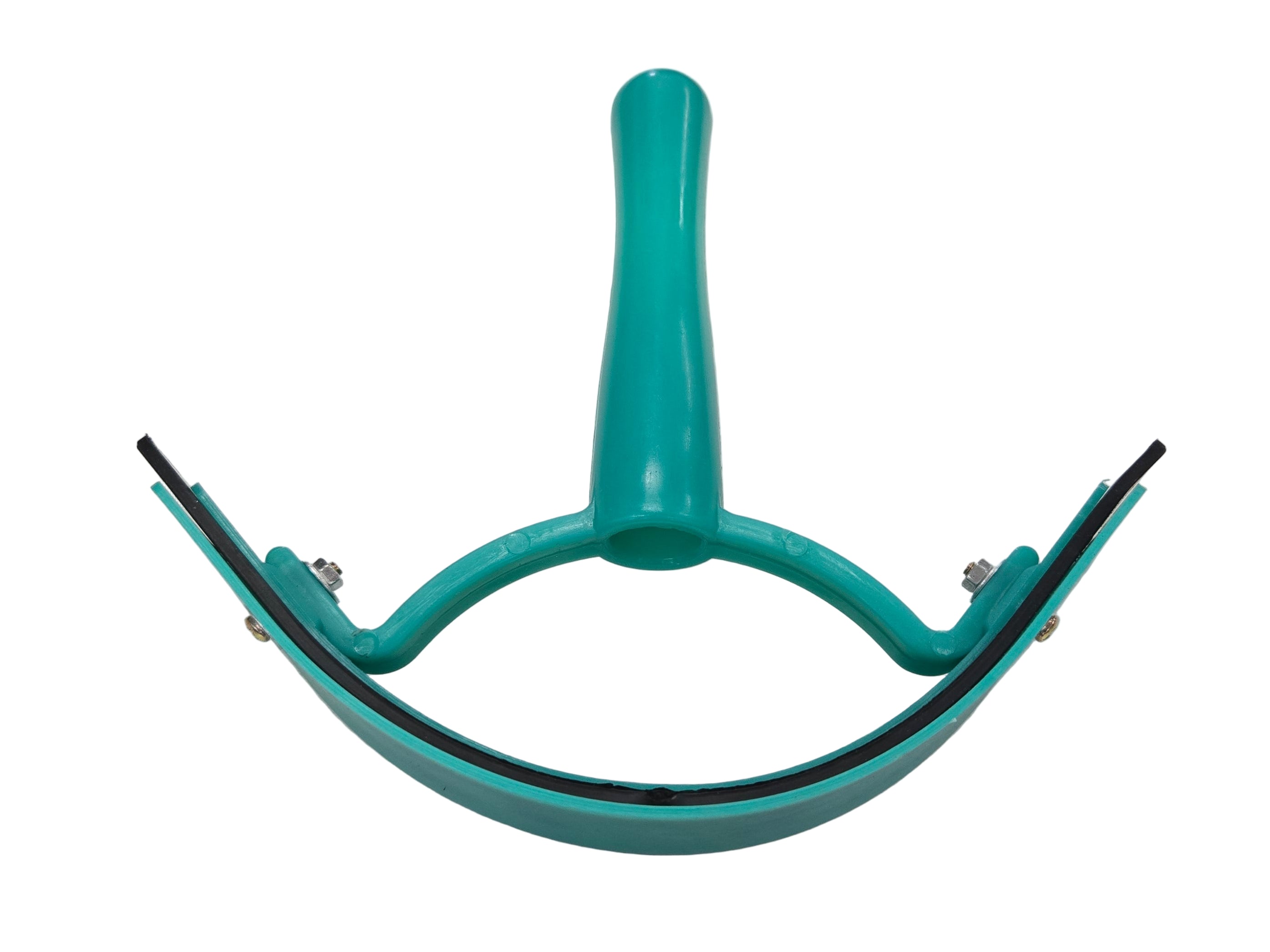 Teal metal bracket on a white surface